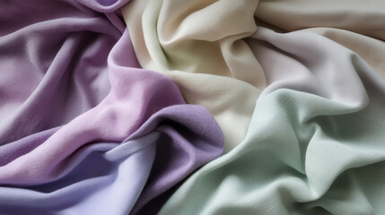 Obraz premium A spread of artistic cloth swatches in pastel tones of lavender, mint green, and soft pink