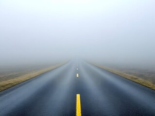 Fototapeta premium Serene Foggy Road Stretching Into the Unknown Surrounded by Mysterious Mist in a Quiet Landscape Evoking a Sense of Adventure and Exploration