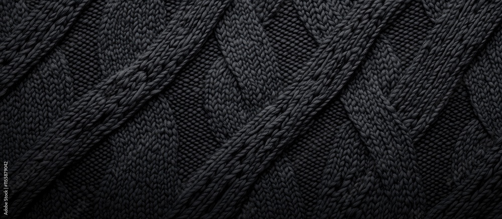 Poster knitted black textile background with intricate pattern and space for text or design elements
