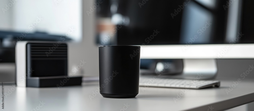Poster black mug next to modern computer on desk with empty space for text and office workspace in soft nat