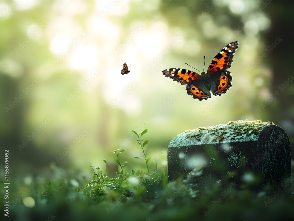 Poster Enchanting Scene of Colorful Butterflies in a Lush Green Forest with Soft Bokeh Background and Delicate Flora, Capturing the Beauty of Nature and Serenity