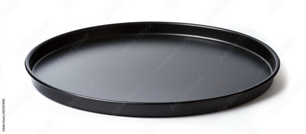 Poster black round empty pizza tray isolated on white background for culinary use and design templates with