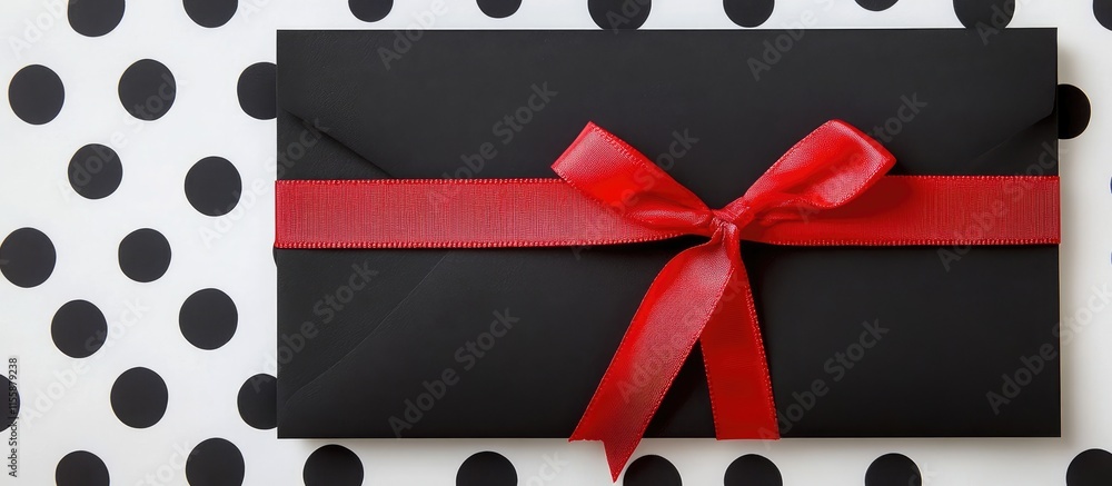 Poster elegant black envelope adorned with a red ribbon on a polka dot background with ample copyspace for 
