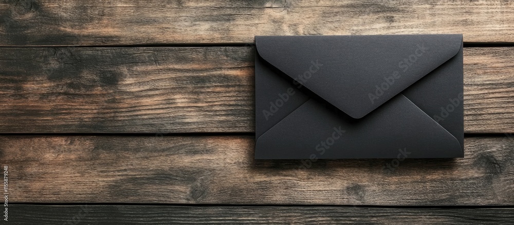 Aufkleber black envelope on rustic wooden table with ample copy space for text ideal for invitations or announ