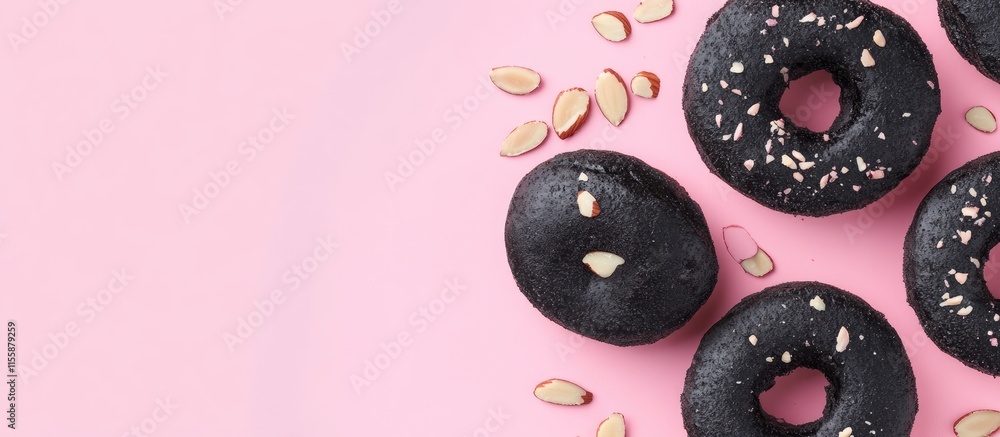 Poster black doughnuts with almond slices arranged on a pink background highlighting texture and offering e
