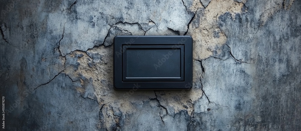 Poster black electrical switch on textured cracked concrete wall with ample empty space for customizable te