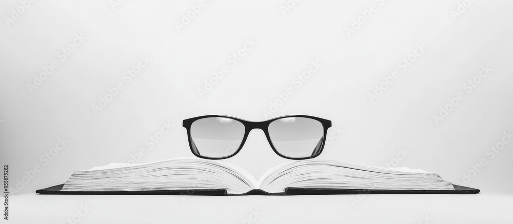 Aufkleber black eyeglasses resting on an open book with a minimalist background emphasizing business and educa