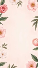Fototapeta premium Romantic bouquets of roses, tulips, and cannabis leaves in blush pink, ivory, and emerald on a pastel pink background; seamless luxury pattern for Valentine’s-themed projects.