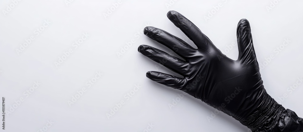 Poster black glove hand gesture on clean white background with ample space for text or design elements show