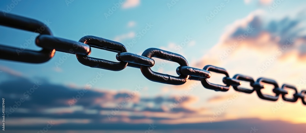 Poster black metal chain link railing against a vibrant sky with ample space for text and messaging in a st