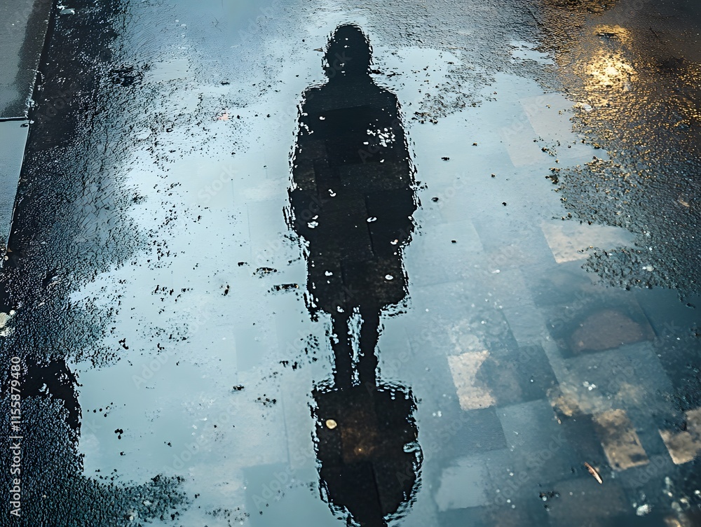 Poster surreal reflection of a figure in a puddled street, capturing an atmospheric mood in urban environme