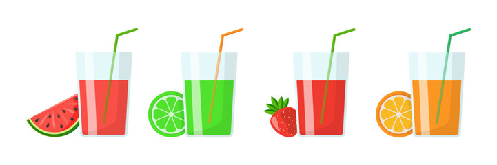 Set of glass juice glass icons with drinking tube, with pieces of fruit. On white background. Watermelon, strawberry, orange juice. Vector graphics 