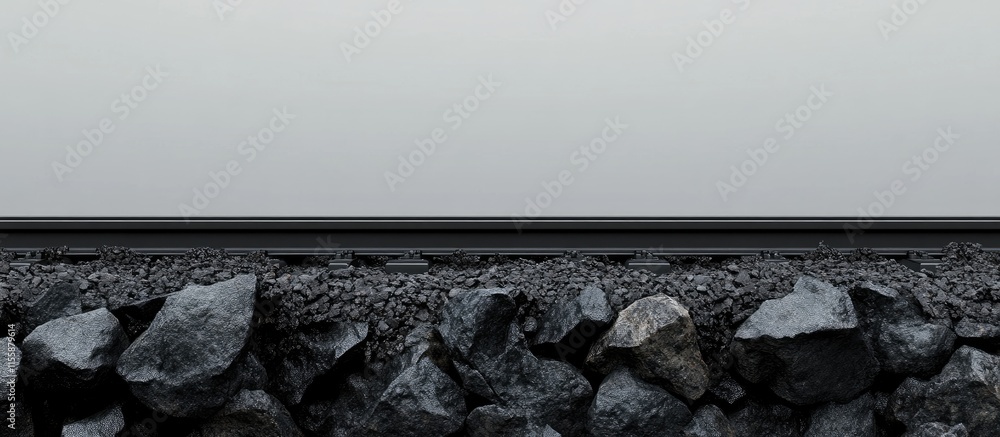 Poster black railroad tracks on rocky terrain with ample blank space for customizable text and design overl