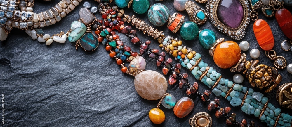 Poster assorted gemstone bracelets and pendants arranged on slate with ample space for custom text or brand