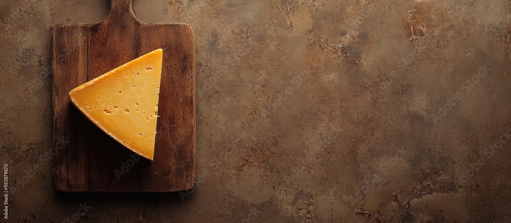 Poster cheddar cheese wedge on rustic wooden cutting board with textured background and ample space for bra