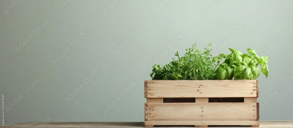 Poster business planning concept with crate of fresh greens and space for customizable text on minimalist b