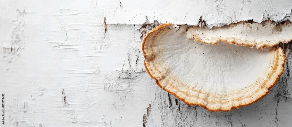 Poster bracket fungi growing on white bark of linden tree in forest showcasing semicircular shape with empt