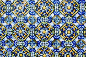 A combination of classic blue and white ceramic tiles with geometric and floral motifs.