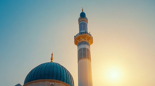 Majestic mosque minaret against a clear blue sky during midday in a historic city