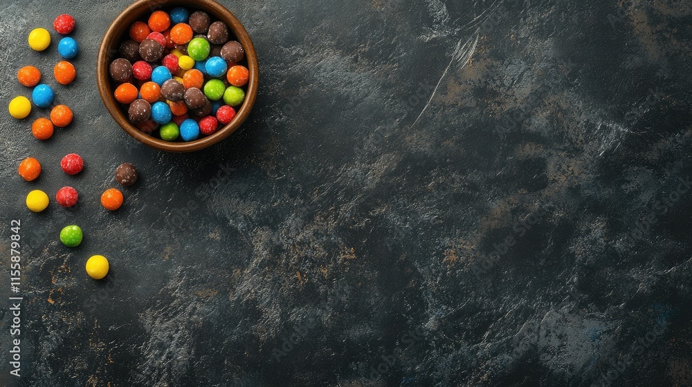 Aufkleber colorful assorted candies in bowl on dark table top view with space for text and creative background