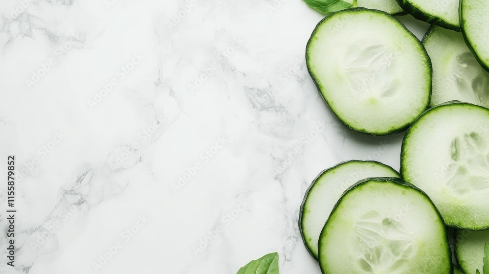 Poster fresh cucumber slices arranged on marble surface with copy space for text and garnished with green l