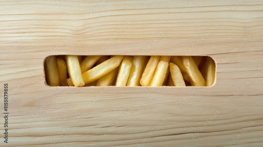 Poster French fries nestled in a wooden table gap with ample empty space for customization or text overlay in a rustic dining setting