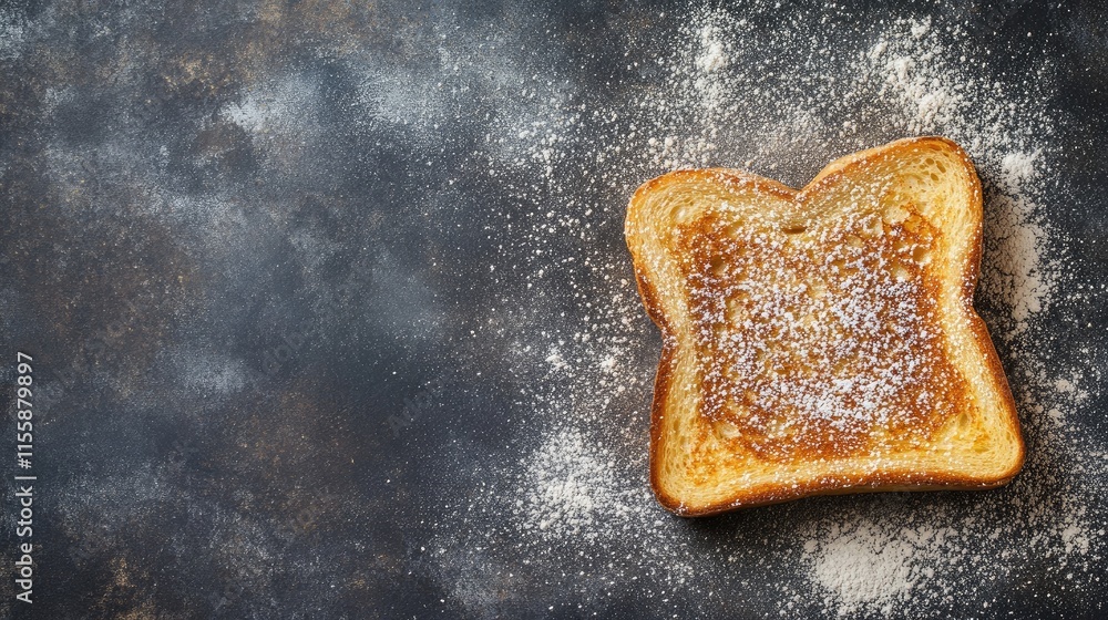 Poster close up of perfectly browned french toast on rustic background with empty space for breakfast recip