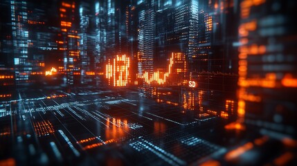 Futuristic Cityscape with Neon Digital Data Networks and Financial Graphics : Generative AI