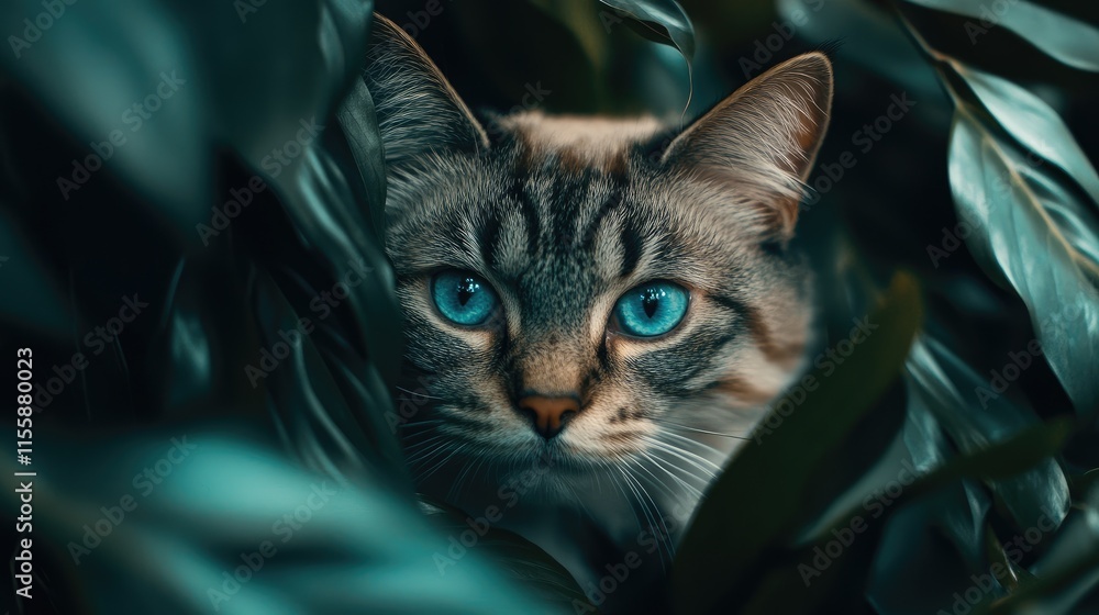Poster close up of a blue eyed cat peering through lush green leaves creating a serene atmosphere with copy
