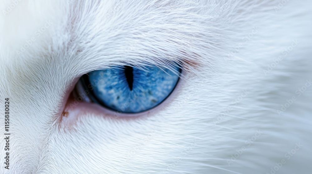 Poster close up of a blue eyed white cat showcasing intricate fur details with space for text or design ele