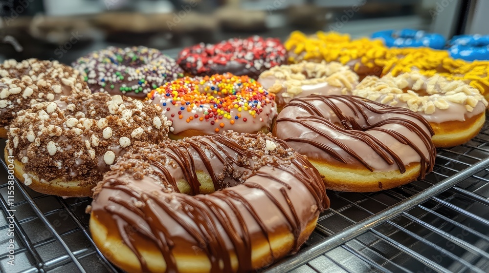 Poster assorted colorful donuts displayed on rack with various toppings and textures perfect for bakery or 