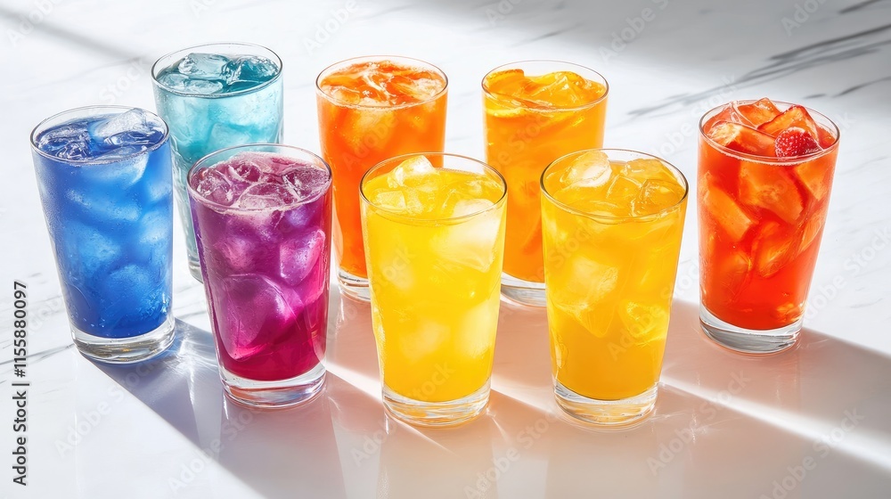 Poster vibrant array of colorful refreshing drinks garnished with fresh fruits and ice in clear glasses