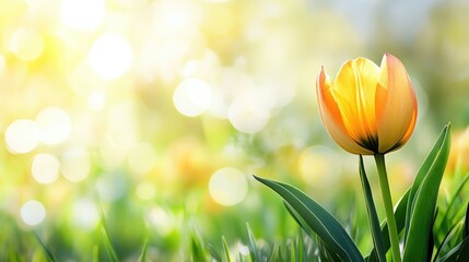 Close up of a vibrant yellow tulip blooming in a sunny garden with soft bokeh background and space for text or promotional content