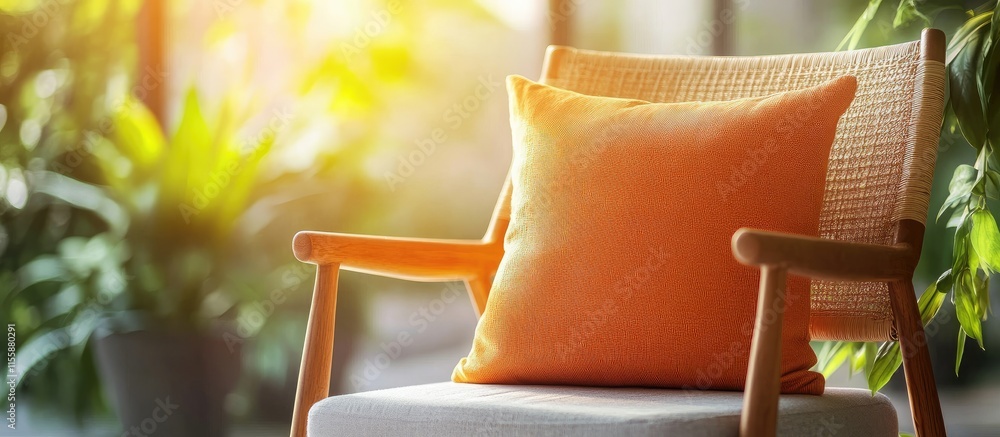 Poster cozy orange pillow on an armchair in a bright modern living room with greenery creating a relaxing a