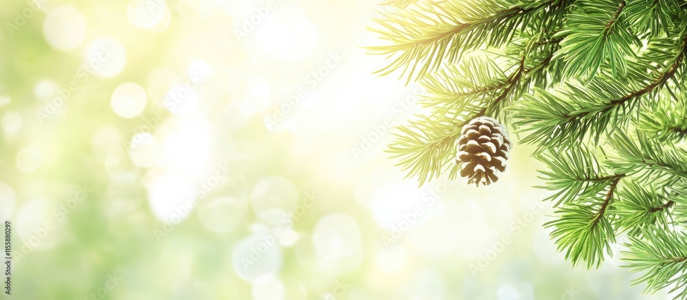 Poster close up of a pine branch with a pine cone illuminated by sunlight against a soft bokeh background p
