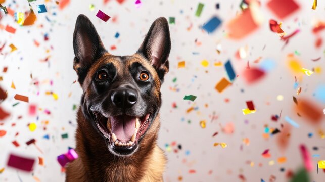 A lively Belgian Malinois celebrating New Year 2025. Featuring colorful confetti and decorations