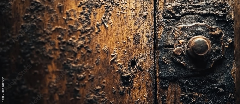 Poster rough textured wooden surface close up with metal hardware top view empty space for text or design u