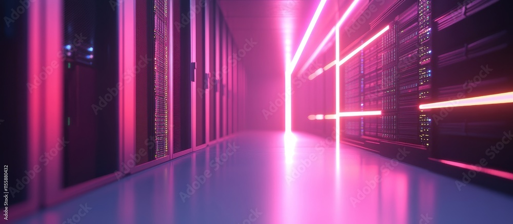 Poster futuristic server room with illuminated racks showcasing advanced technology infrastructure and spac