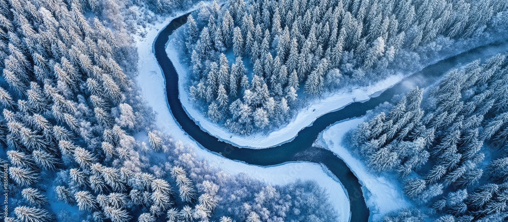 Poster winding river flowing through a snow-covered pine forest aerial view with ample space for text and d