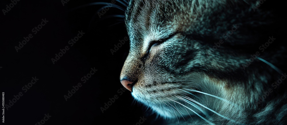 Poster close up of a peaceful sleeping cat against a dark background with ample negative space for text or 
