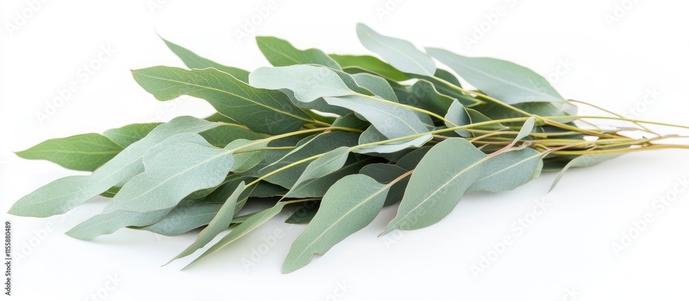 Poster eucalyptus leaves bouquet on white background with soft negative space ideal for text overlay or gra