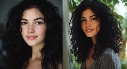 Fototapeta premium Radiant Young Woman Exuding Beauty with Curly Black Hair in a Joyful Collage of Smiles