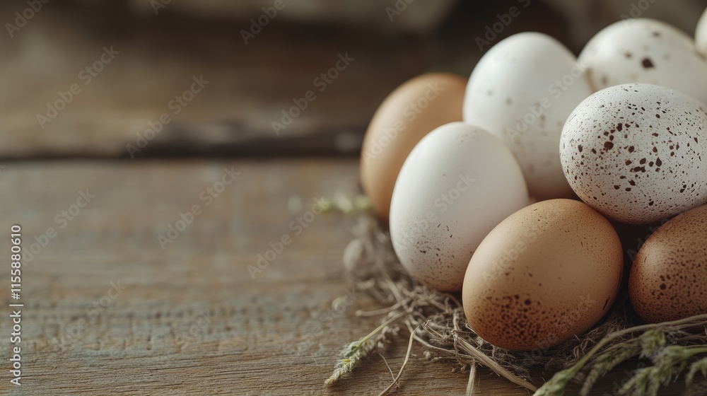 Poster free range eggs arranged on rustic wooden surface with natural elements and ample copy space for tex