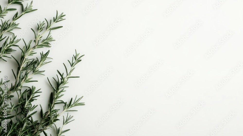 Poster fragrant rosemary sprigs arranged on a clean white background with ample space for text and design e