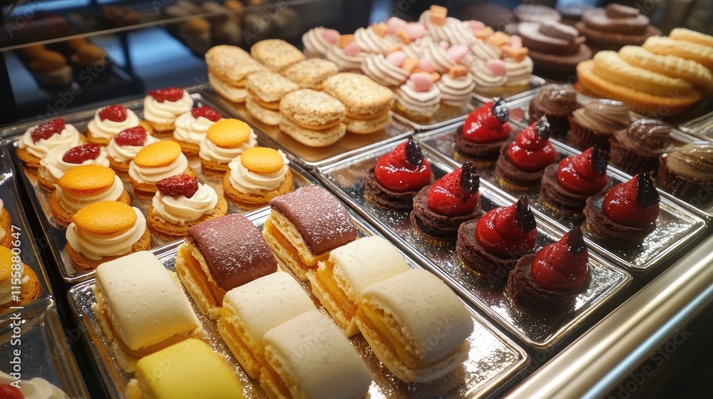 Poster assorted colorful pastries and macarons displayed in a bakery showcase