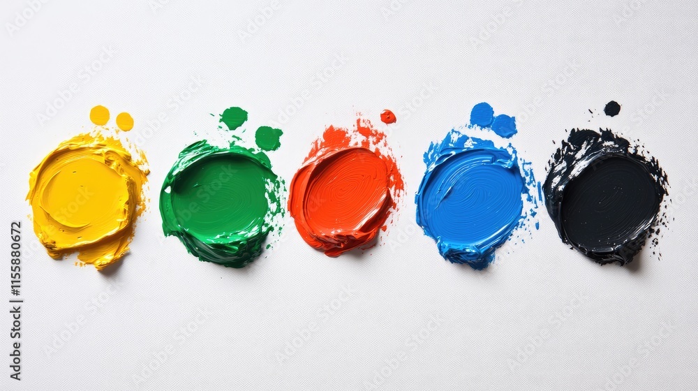 Poster vibrant paint spots in a horizontal arrangement creating an artistic background texture