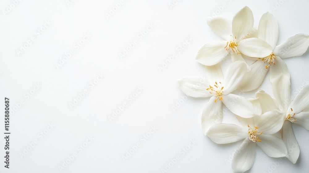 Poster fresh french vanilla flowers arranged on a white background with ample copy space for text or design