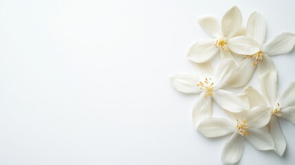 Fresh French vanilla flowers arranged on a white background with ample copy space for text or design elements.