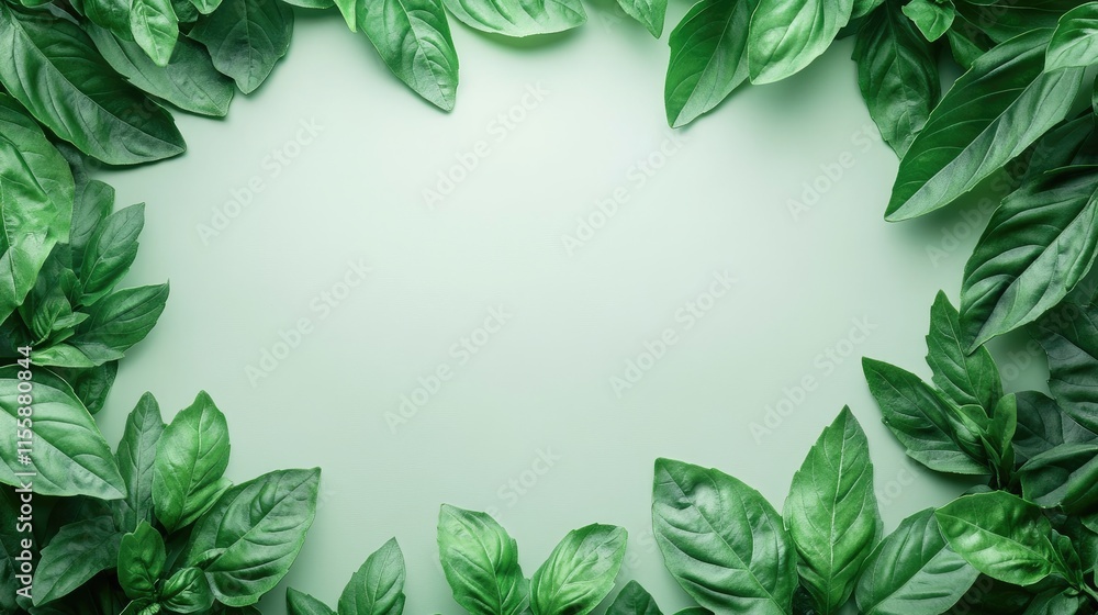 Poster fresh green basil leaves creating a lush vibrant border on a pastel green background with ample spac