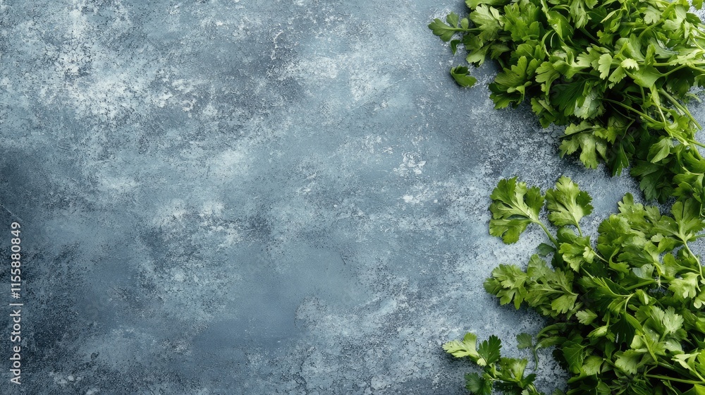 Aufkleber fresh coriander leaves arranged on a kitchen surface with textured background and ample empty space 
